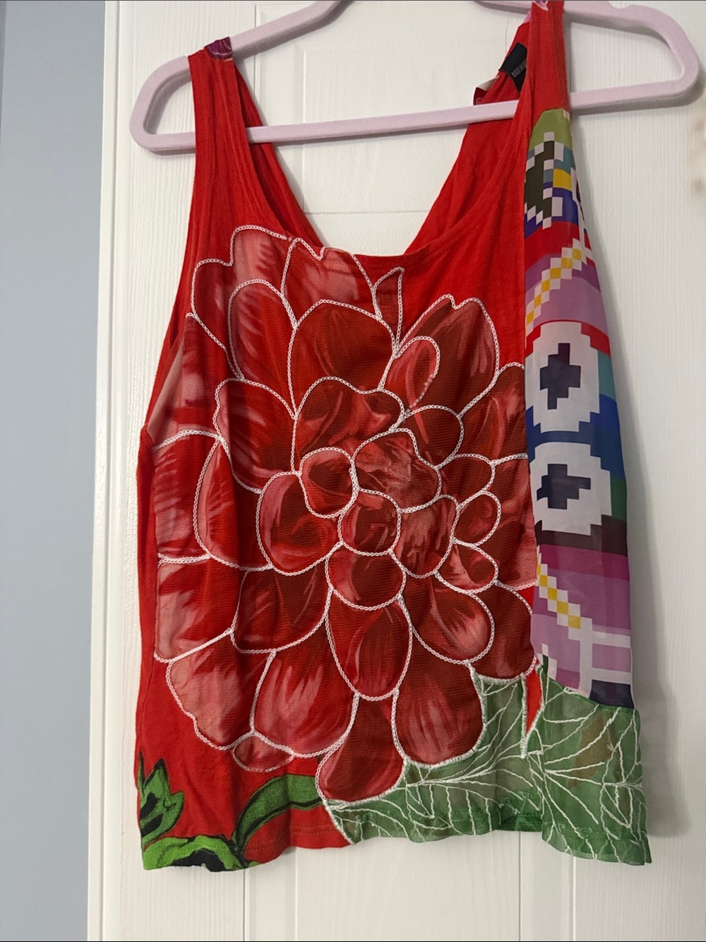 Desigual Red Floral Tank Top with Multicolor Side Panel